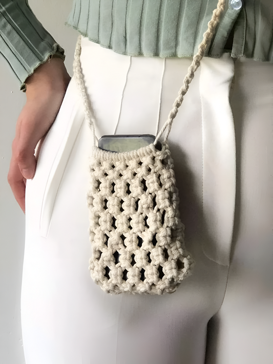 Handmade Cotton Macrame Sling phone bag Size 12X18 CM Color Off White